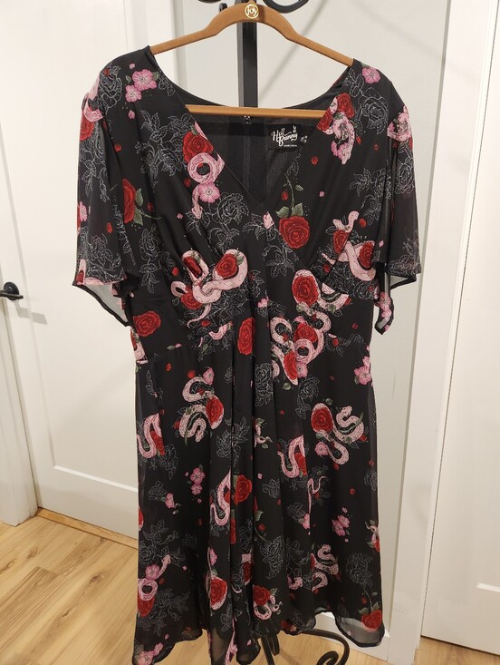 Hell Bunny Dresses & Skirts - Hell Bunny Black Wrap Dress with Red Roses & Pink Snake Motif